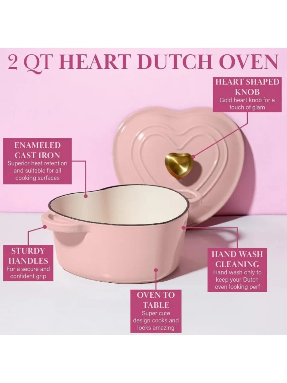 Heart-Shaped Enameled Cast Iron Dutch Oven Pot with Lid, 2-Quart, Pink, Oven